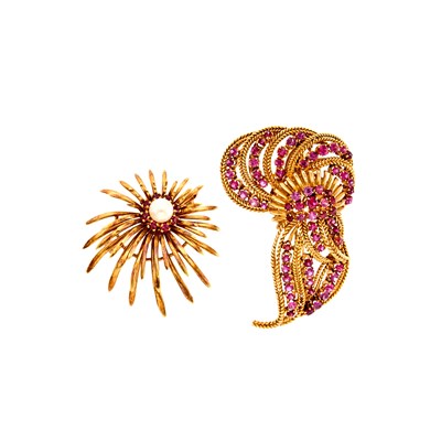 Lot 1052 - Two Gold, Ruby and Cultured Pearl Brooches