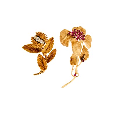 Lot 1268 - Two Gold, Diamond and Ruby Brooches
