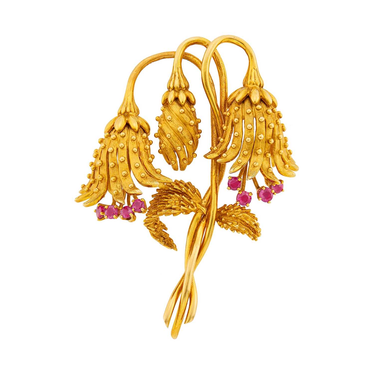 Lot 24 - Tiffany & Co. Gold and Ruby Bellflower Brooch