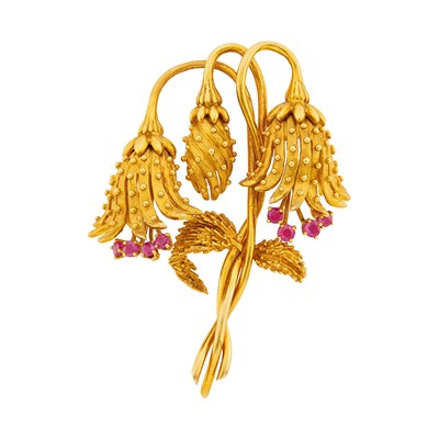 Lot 24 - Tiffany & Co. Gold and Ruby Bellflower Brooch
