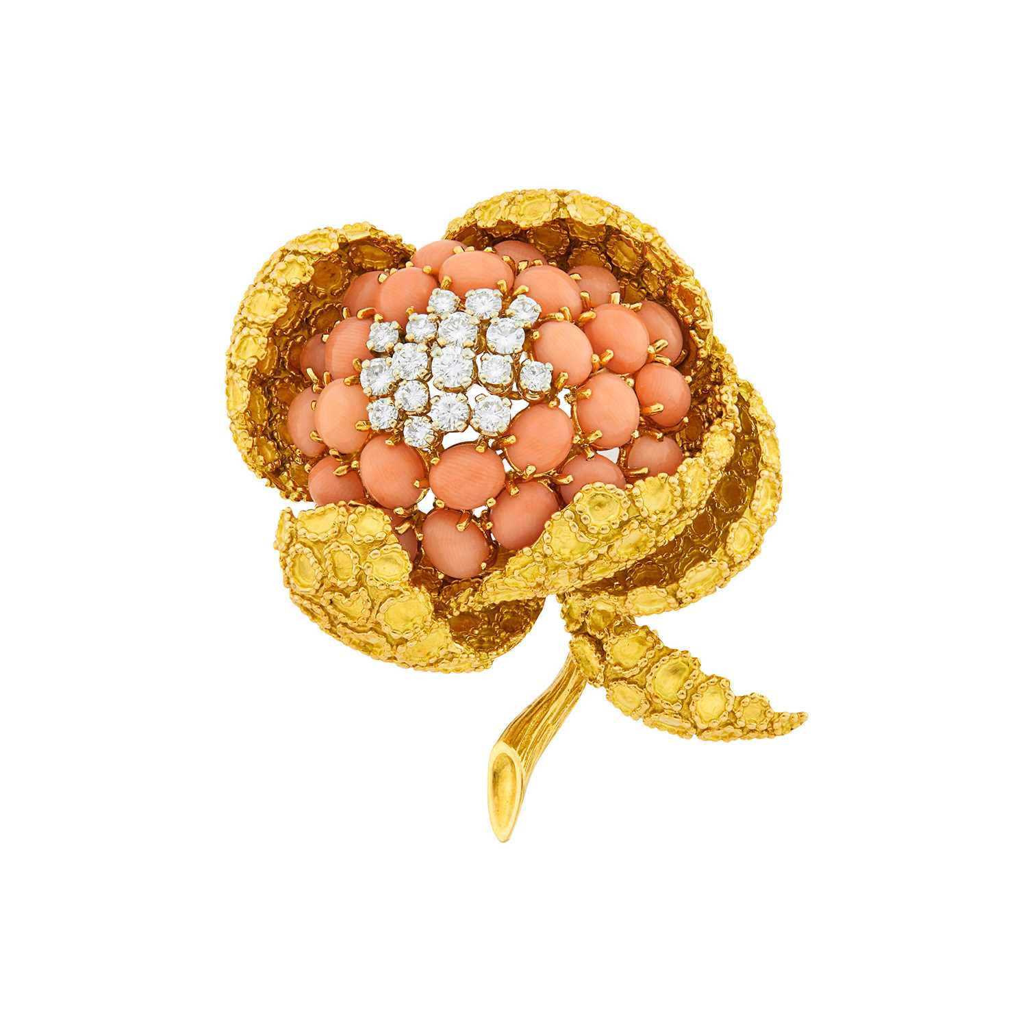 Lot 169 - Gubelin Gold, Angel Skin Coral and Diamond Clip-Brooch, France