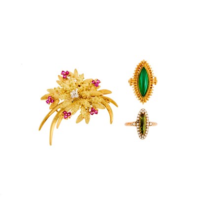 Lot 1229 - Gold, Ruby and Diamond Spray Brooch, Gold, Cabochon Tourmaline and Diamond Ring and Green Onyx Ring