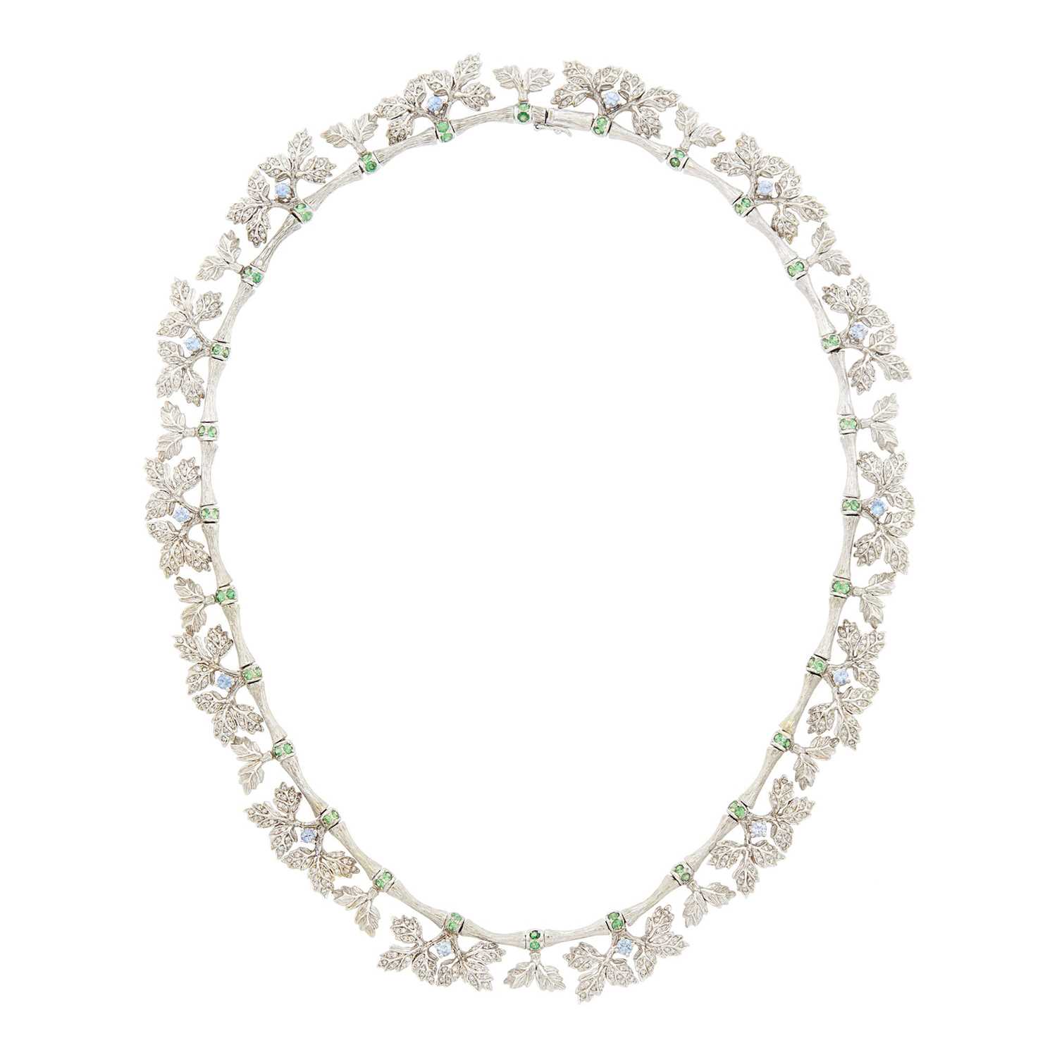 Lot 113 - White Gold, Diamond, Green Garnet and Sapphire Leaf Fringe Necklace