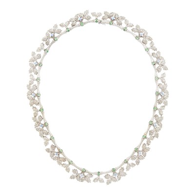 Lot 113 - White Gold, Diamond, Green Garnet and Sapphire Leaf Fringe Necklace