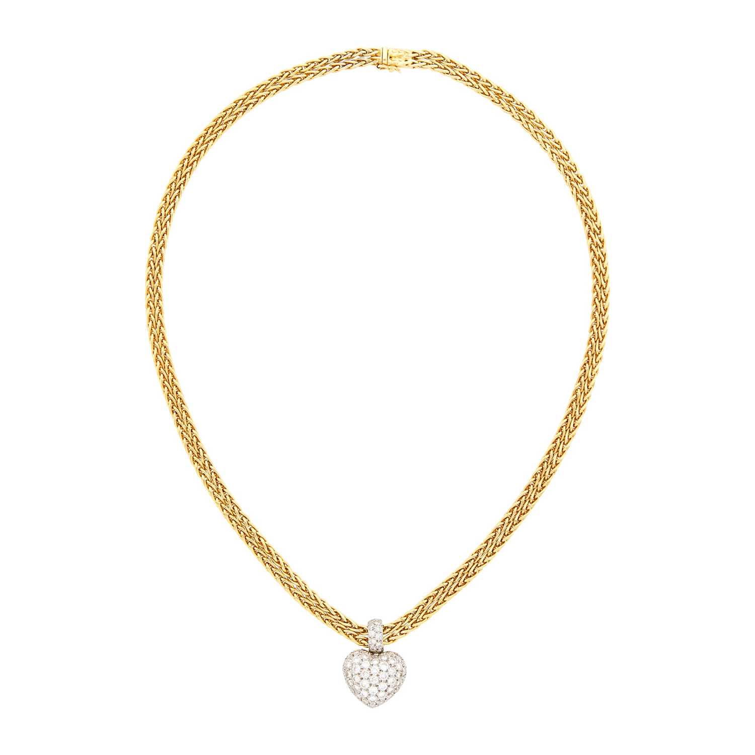 Lot 135 - Double Strand Gold Chain Necklace with White Gold and Diamond Heart Pendant