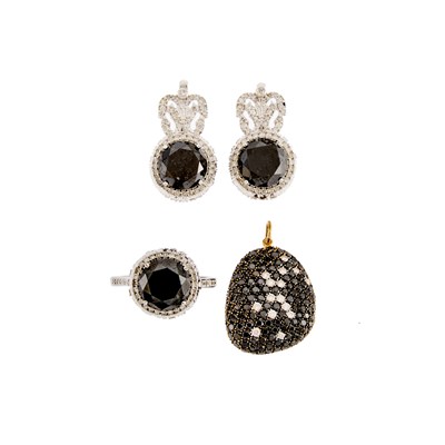 Lot 1278 - Pair of White Gold, Black Diamond and Diamond Earrings and Ring and Gold, Black Diamond and Diamond Pendant