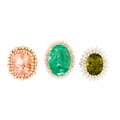 Lot 1266 - Three Yellow, White and Rose Gold, Emerald, Tourmaline, Morganite and Diamond Rings