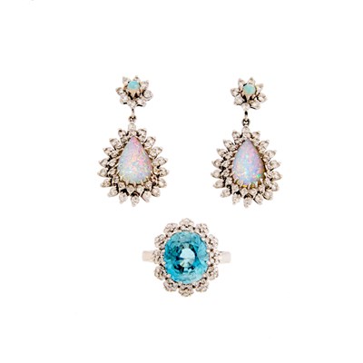 Lot 1147 - Pair of White Gold, White Opal and Diamond Pendant-Earrings and Blue Zircon and Diamond Ring