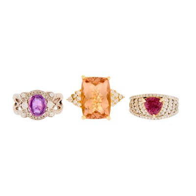 Lot 1174 - Three Gold, White Gold, Morganite, Purple Sapphire and Rhodolite Garnet Rings