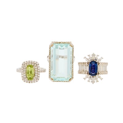 Lot 1127 - Three White Gold, Tanzanite, Chrysoberyl, Aquamarine and Diamond Rings