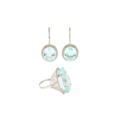 Lot 2153 - Pair of White Gold, Aquamarine and Diamond Pendant-Earrings and Ring