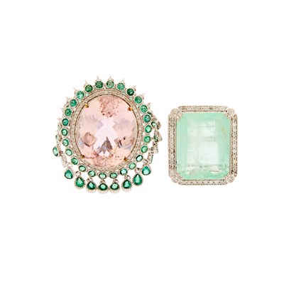 Lot 2150 - White Gold, Kunzite, Emerald and Diamond Fringe Ring and Green Beryl and Diamond Ring