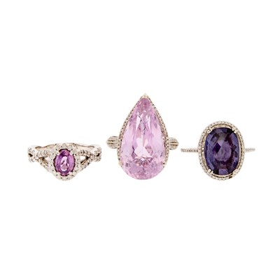 Lot 2114 - Three White Gold, Pink and Purple Sapphire, Kunzite and Diamond Rings