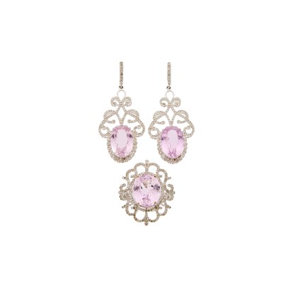 Lot 2127 - Pair of White Gold, Kunzite and Diamond Earrings and Ring