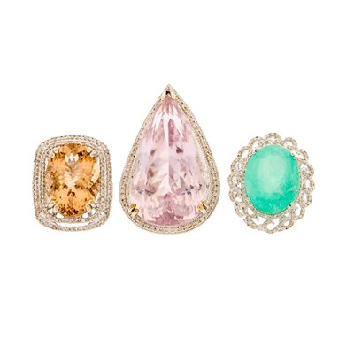 Lot 2143 - Three White Gold, Emerald, Kunzite, Golden Beryl and Diamond Rings