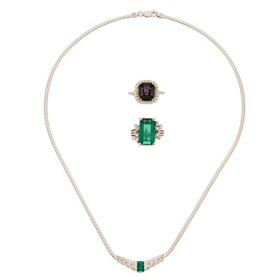 Lot 2148 - White Gold, Purple Spinel and Diamond Ring, White Gold, Emerald and Diamond Necklace and Platinum, Palladium, Tourmaline and Diamond Ring