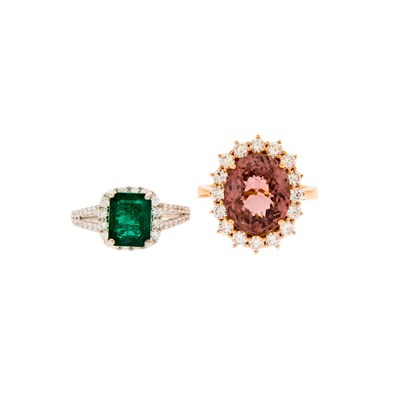 Lot 2141 - Rose Gold, Tourmaline and Diamond Ring and White Gold, Emerald and Diamond Ring