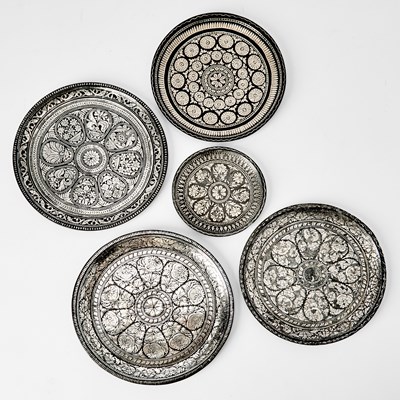 Lot 328 - Five Indian Silver-Inlaid Alloy Bidri Ware Dishes