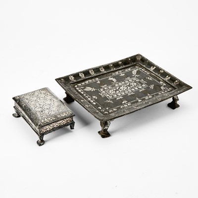 Lot 327 - An Indian Silver-Inlaid Alloy Bidri Ware Tray and a Covered Footed Box