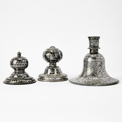 Lot 330 - Two Indian Silver-Inlaid Alloy Bidri Ware Carpet Weights and a Huqqa Base