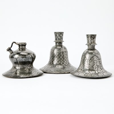 Lot 331 - Three Indian Silver-Inlaid Alloy Bidri Ware Hookah Bases