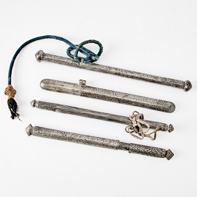 Lot 308 - Four Indian Bidri Ware Silver and Brass-Inlaid Alloy Scroll Holders for the Sino-Tibetan Market
