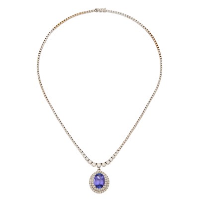Lot 1064 - White Gold, Tanzanite and Diamond Pendant-Necklace