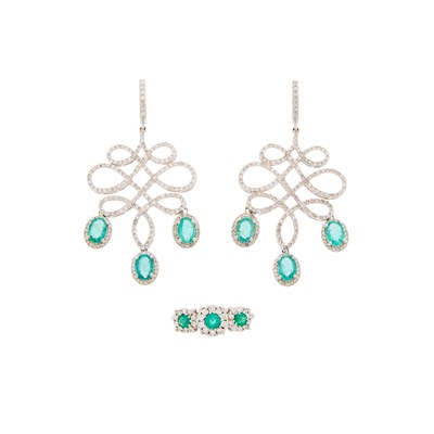 Lot 1066 - Pair of White Gold, Emerald, Green Beryl, Diamond and Synthetic Diamond Earrings and Ring