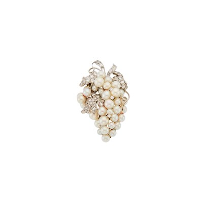 Lot 2101 - Platinum, White Gold, Cultured Pearl and Diamond Grape Bunch Clip-Brooch