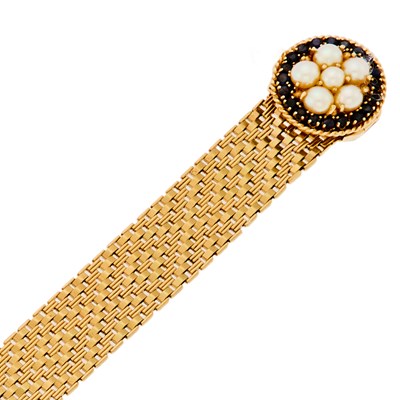Lot 2197 - Gold, Cultured Pearl, Sapphire and Enamel Slide Tassel Bracelet