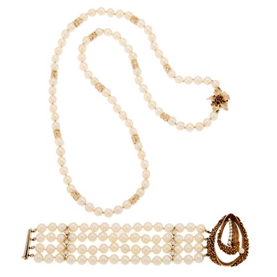 Lot 2189 - Gold, Cultured Pearl and Ruby Necklace and Bracelet