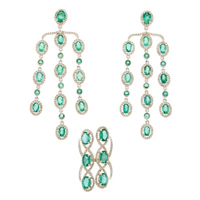 Lot 1145 - Pair of White Gold, Emerald and Diamond Earrings and Ring