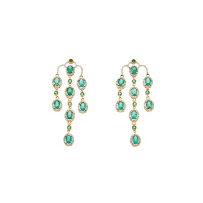 Lot 2237 - Pair of Gold, Emerald and Diamond Girandole Earrings