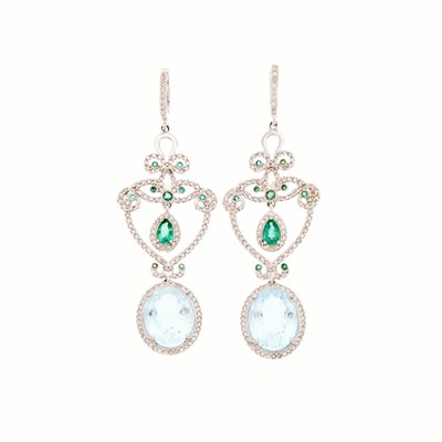Lot 1124 - Pair of White Gold, Aquamarine, Emerald and Diamond Pendant-Earrings