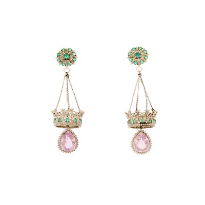 Lot 1123 - Pair of White Gold, Kunzite, Emerald and Diamond Tiara Earrings