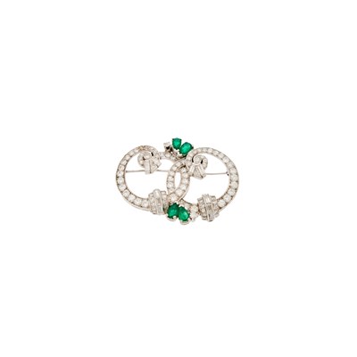 Lot 2122 - Platinum, Emerald and Diamond Brooch
