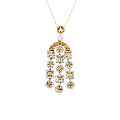 Lot 2115 - Two-Color Gold, Diamond and Colored Diamond Pendant with Chain Necklace