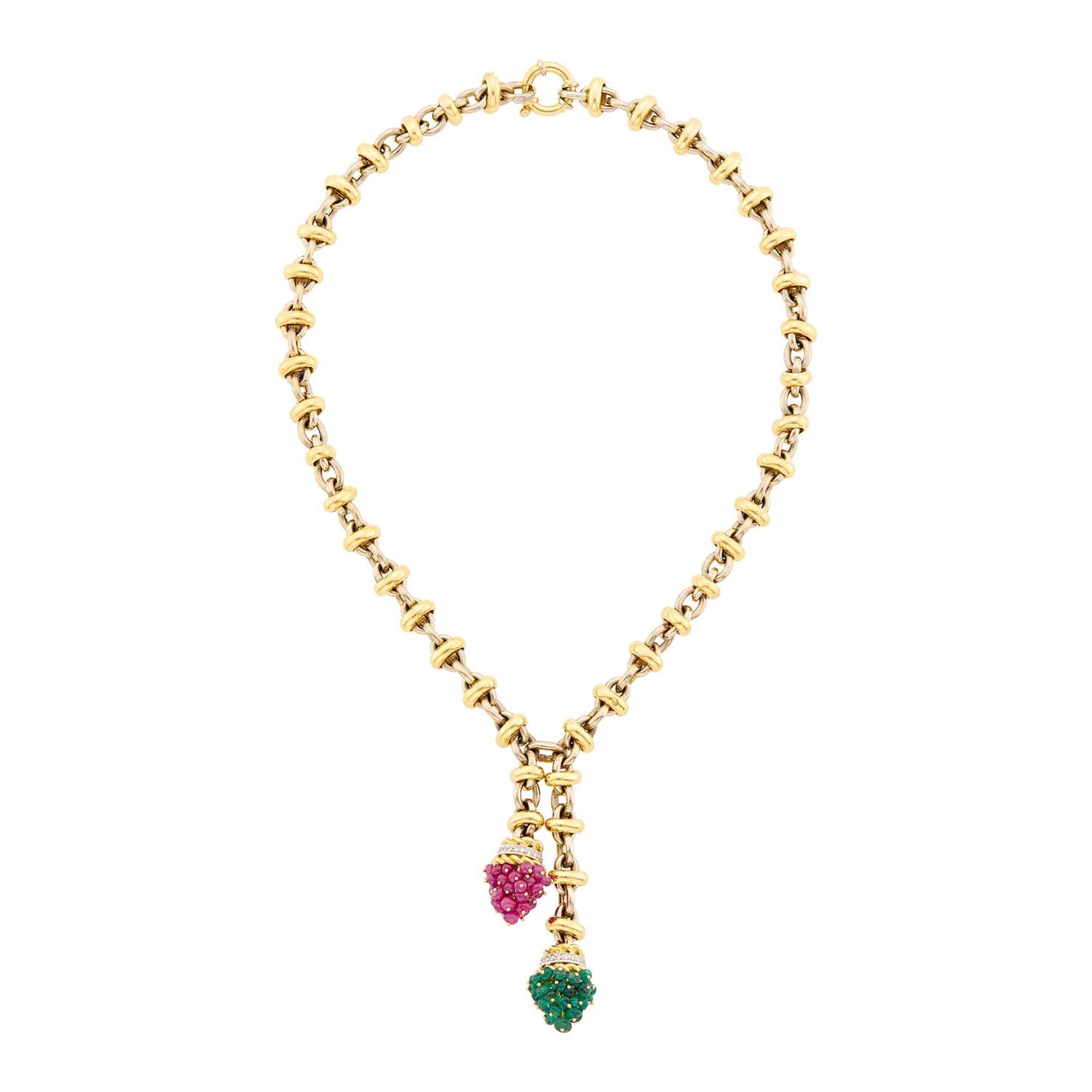 Lot 60 - Giovane Two-Color Gold, Diamond, Ruby and Emerald Bead Pendant-Necklace