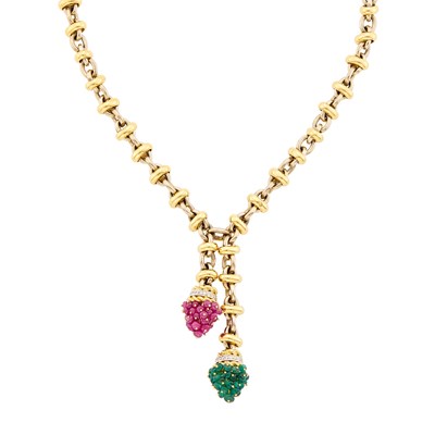 Lot 60 - Giovane Two-Color Gold, Diamond, Ruby and Emerald Bead Pendant-Necklace