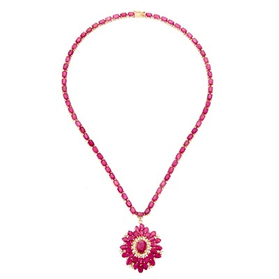 Lot 2240 - Gold, Ruby and Diamond Pendant-Necklace