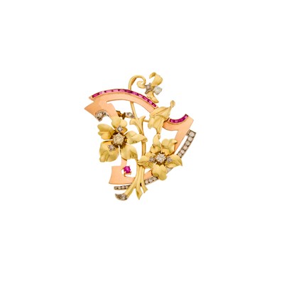 Lot 2175 - Retro Tricolor Gold, Ruby and Diamond Pendant-Brooch