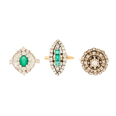 Lot 2140 - Two-Color Gold, Emerald and Diamond Ring and Two White Gold, Emerald and Diamond Rings