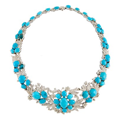 Lot 1125 - White Gold, Reconstituted Turquoise and Diamond Bib Necklace