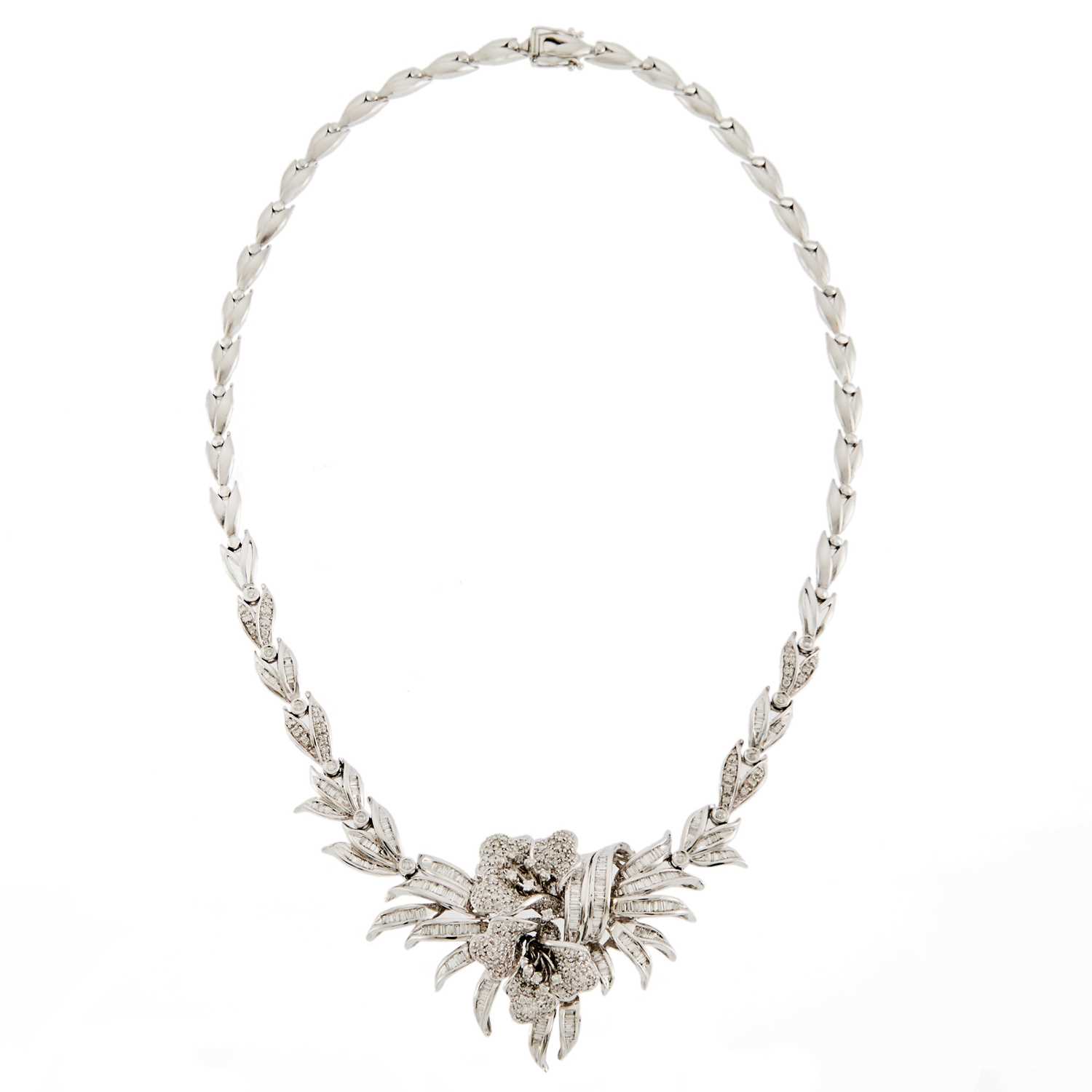 Lot 1143 - White Gold and Diamond Floral Necklace