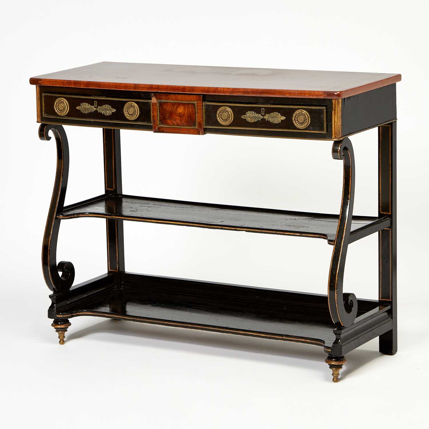 Lot 129 - Black Lacquer and Mahogany Three-Tier Table