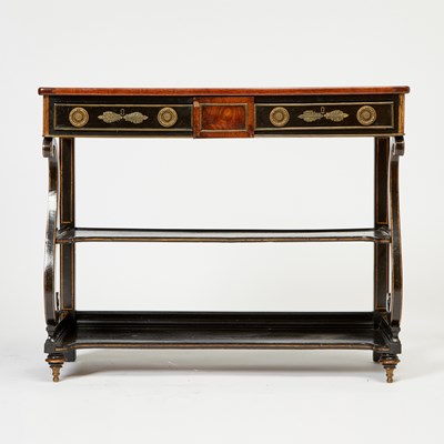 Lot 129 - Black Lacquer and Mahogany Three-Tier Table