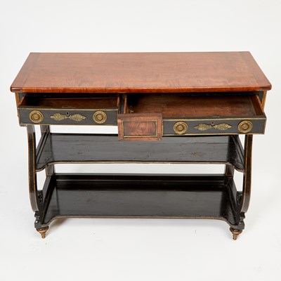 Lot 129 - Black Lacquer and Mahogany Three-Tier Table