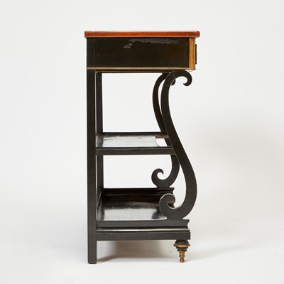 Lot 129 - Black Lacquer and Mahogany Three-Tier Table