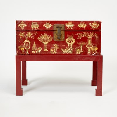 Lot 130 - Chinese Red Lacquered Trunk on Later Stand