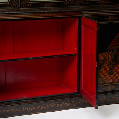 Lot 187 - English Black Lacquer Chinoiserie Decorated Cabinet
